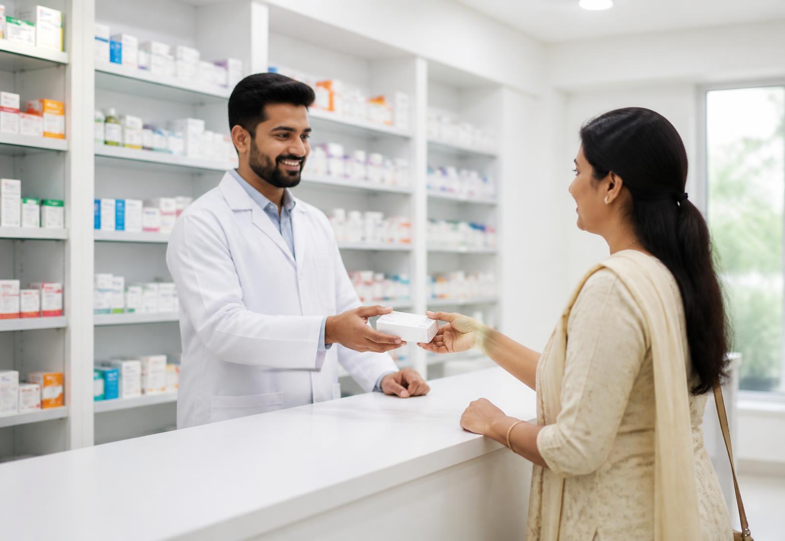 Pharmacist handing medicines to a patient at Gautam Pharmacy in Prayagraj